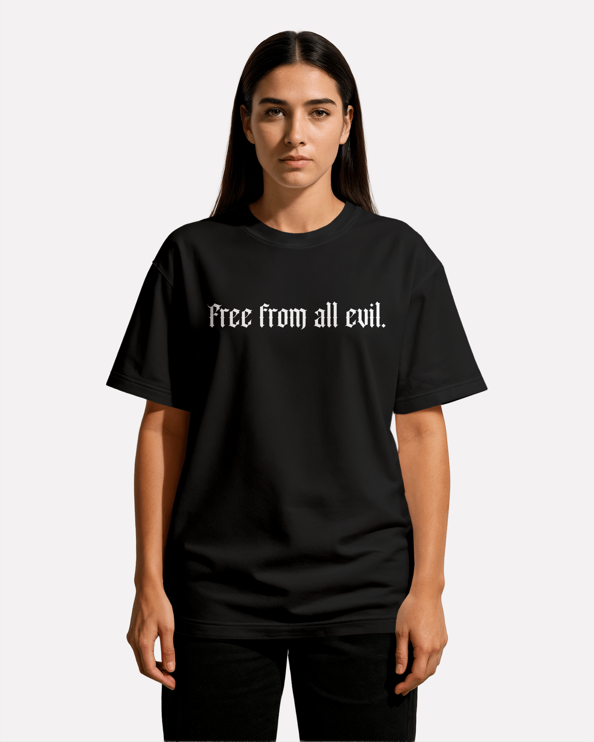 model wearing Third Journey black t-shirt displaying a white Eye of Horus graphic on the back with spiritual symbolism