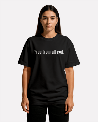 model wearing Third Journey black t-shirt displaying a white Eye of Horus graphic on the back with spiritual symbolism