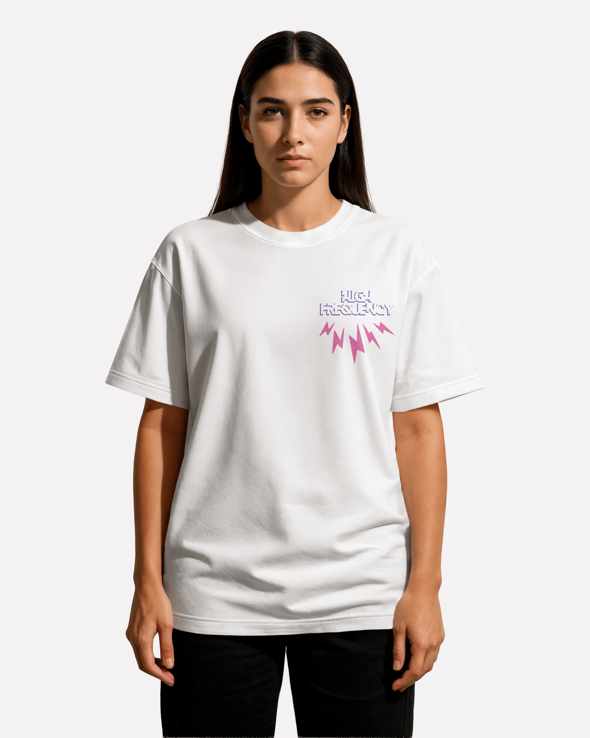 model wearing high frequency,power,powerful,tshirt,drop shoulder t shirt,third journey,over sized t shirt,spiritual,streetwear,loose fit