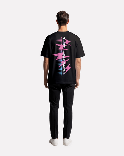 model wearing high frequency,power,powerful,tshirt,drop shoulder t shirt,third journey,over sized t shirt,spiritual,streetwear,loose fit