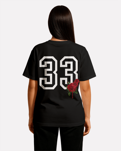 model wearing 33,master number 33,master number,christ,third journey,drop shoulder tee,t-shirt,tshirt,oversized t shirt,roses
