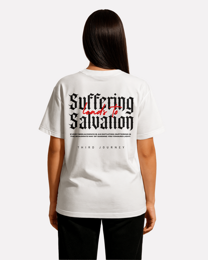 model wearing drop shoulder third Journey tshirt suffering leads to salvation,spiritual awakening,spiritual clothing,salvation,third journey,streetwear,salvation is key,motivational clothing,empowering,empowering messages