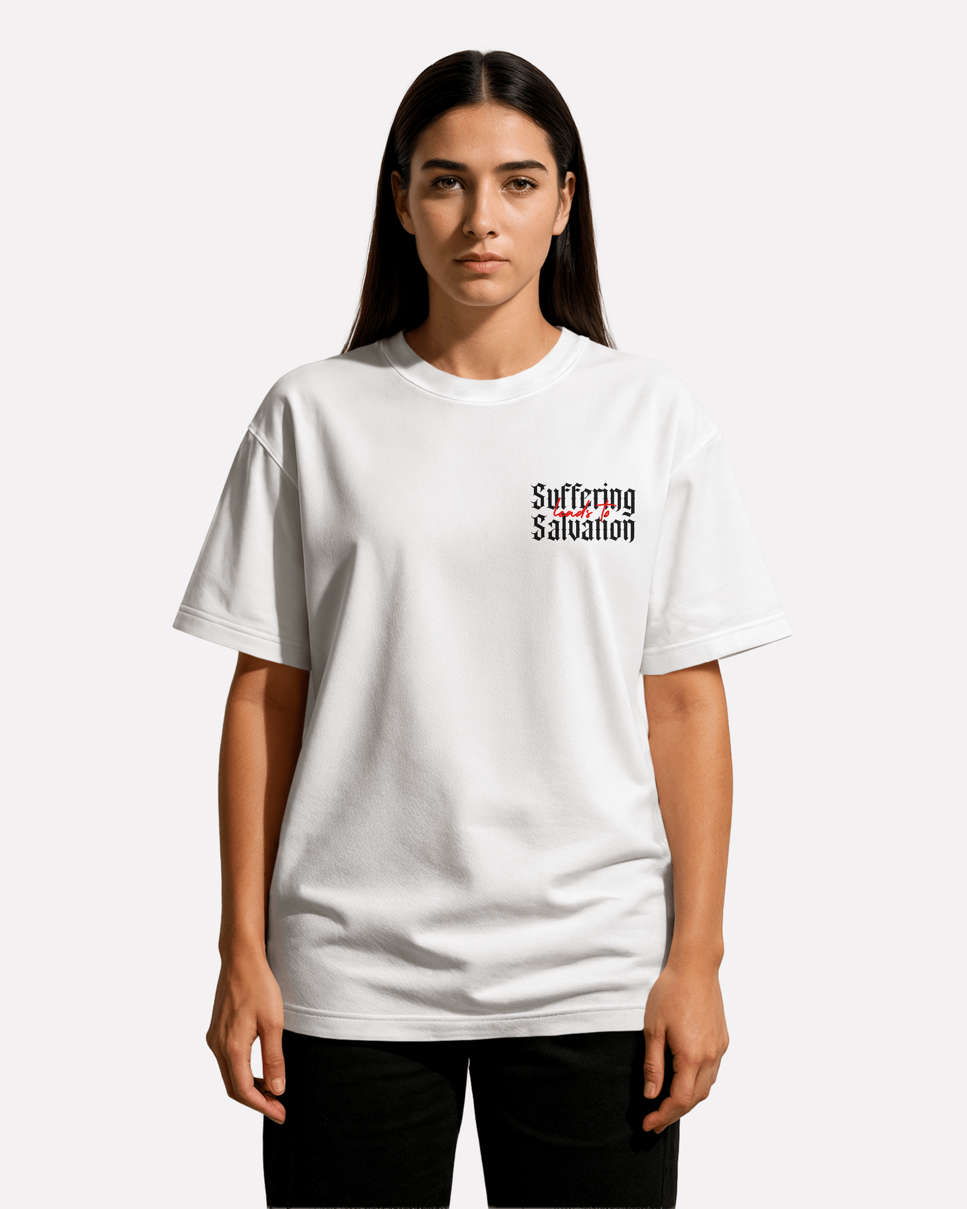 model wearing drop shoulder third Journey tshirt suffering leads to salvation,spiritual awakening,spiritual clothing,salvation,third journey,streetwear,salvation is key,motivational clothing,empowering,empowering messages