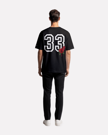 model wearing 33,master number 33,master number,christ,third journey,drop shoulder tee,t-shirt,tshirt,oversized t shirt,roses