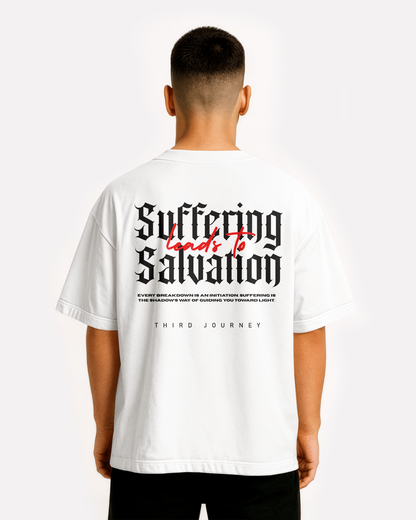 male model wearing drop shoulder third Journey tshirt suffering leads to salvation,spiritual awakening,spiritual clothing,salvation,third journey,streetwear,salvation is key,motivational clothing,empowering,empowering messages