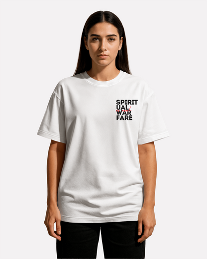 model wearing Spiritual warfare,spiritual clothing,oversized tshirt,tshirt,third journey,warfare,war,protection