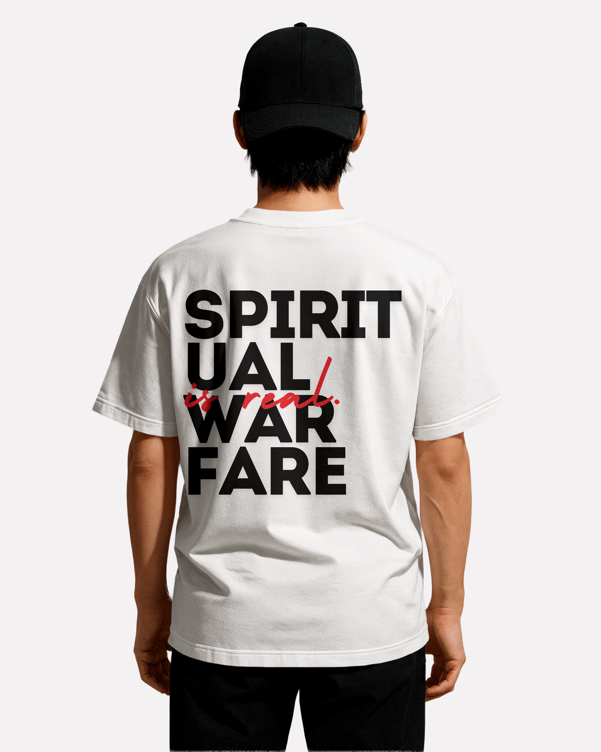 model wearing Spiritual warfare,spiritual clothing,oversized tshirt,tshirt,third journey,warfare,war,protection