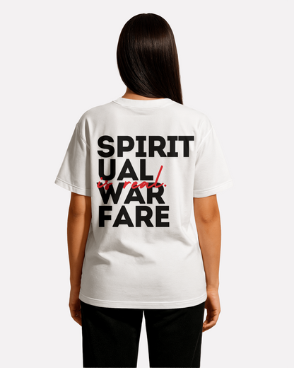 model wearing Spiritual warfare,spiritual clothing,oversized tshirt,tshirt,third journey,warfare,war,protection
